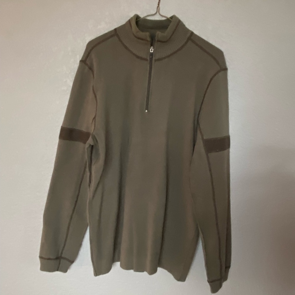 Men’s half zip pullover sweater Eddie Bauer olive green w/fleece accents